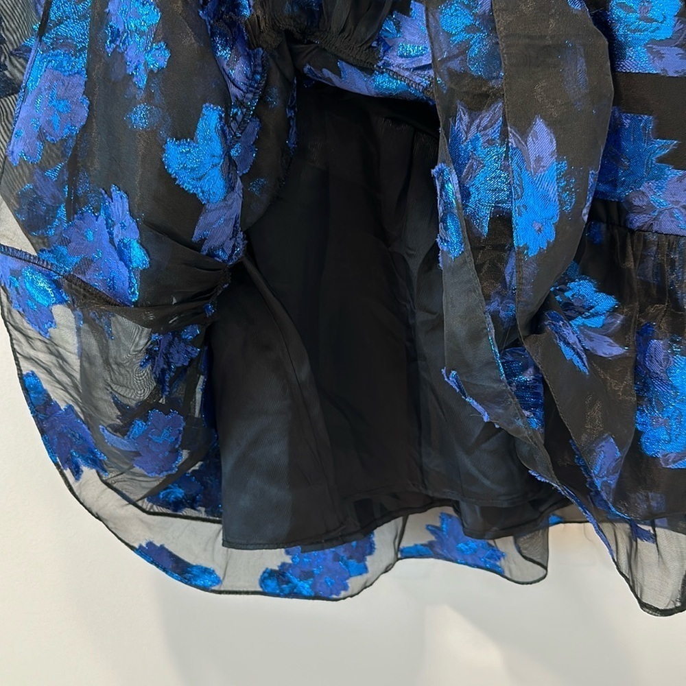Zara Black Tiered Ruffle Organza Blue Floral Long Sleeve Mini Dress Size Small - Picture 9 of 11